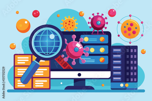 A technician examines digital storage systems for potential viruses with specialized tools and software, search for viruses in storage