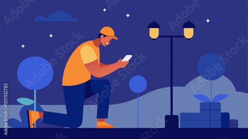 Installing Outdoor Smart Lights A technician places outdoor smart landscape lights along a pathway during twilight checking the alignment with a phones app.