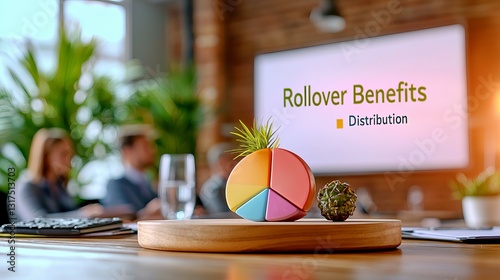 Colorful pie chart model in a modern office highlighting rollover benefits and distribution strategies.