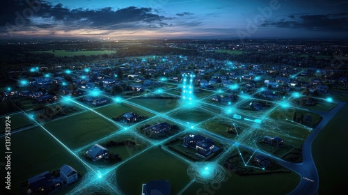 Smart City Network: Aerial View of Connected Homes and Infrastructure at Night