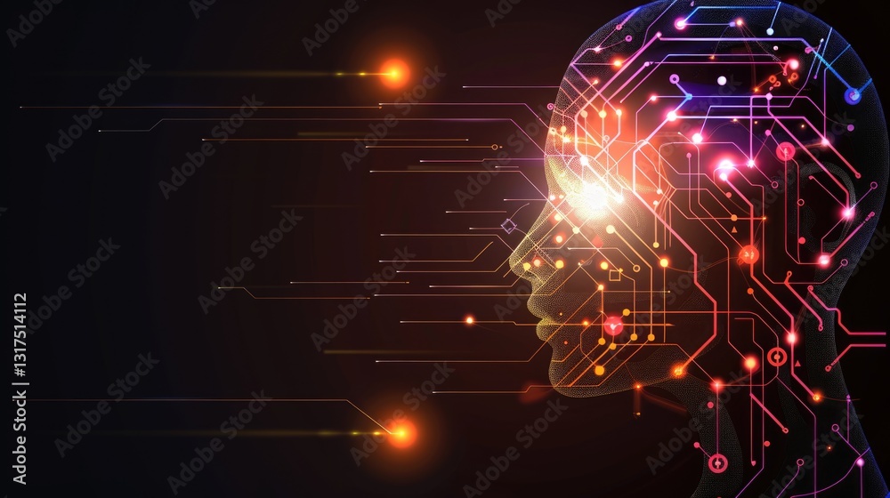Obraz premium Digital human profile with circuit connections and glowing technology elements on dark background