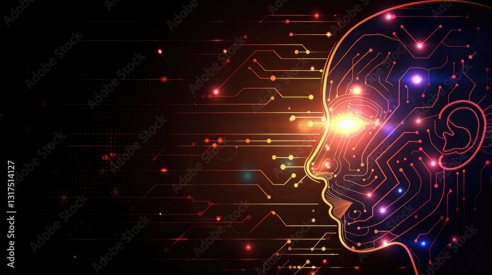Obraz premium Digital human profile with circuit connections and glowing technology elements on dark background