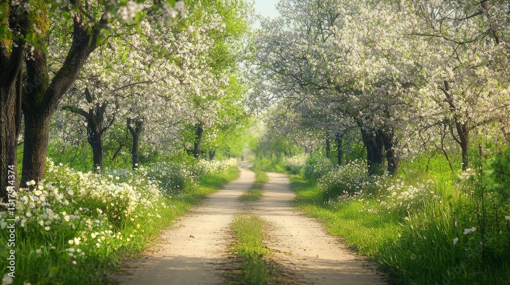 Serene Countryside Lane Flanked by Blossoming Trees and Flowers Serene Countryside Lane Flanked by Blossoming Trees and Flowers