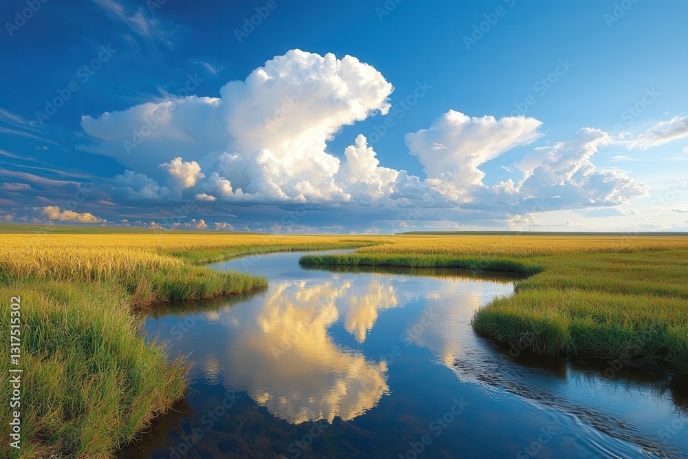Golden clouds fluffy clouds reflections beauty. Serene landscape with a river reflecting clouds and grassy fields. Golden clouds fluffy clouds reflections beauty. Serene landscape with a river reflecting clouds and grassy fields.