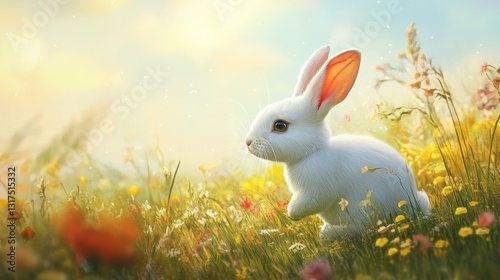 Bunny in meadow with detailed fur under pastel sky