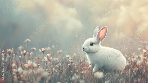 Bunny in meadow with detailed fur under pastel sky