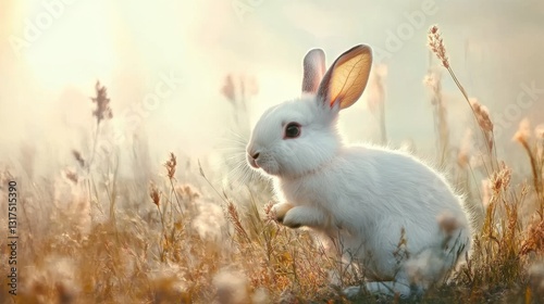 Bunny in meadow with detailed fur under pastel sky