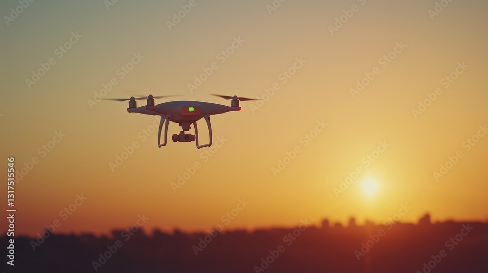 Drone soars during sunset capturing scenic views from above The sun dips below the horizon casting a golden glow over the sky and landscape Drone soars during sunset capturing scenic views from above The sun dips below the horizon casting a golden glow over the sky and landscape