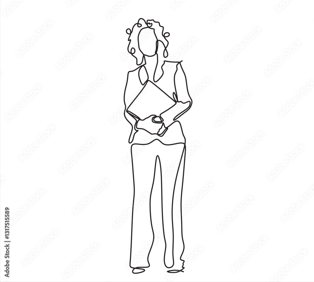 Business woman standing with a folder in his hands. Business concept. Continuous line drawing. Business woman standing with a folder in his hands. Business concept. Continuous line drawing.