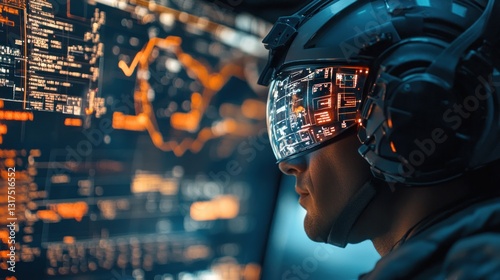 Futuristic Pilot Navigating Complex Data Streams with High-Tech Interface