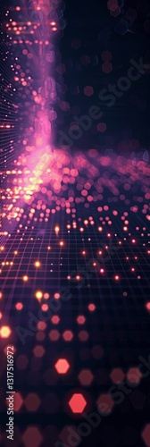 Abstract Digital Artwork: Glowing Lights and Grids in a Dark Background