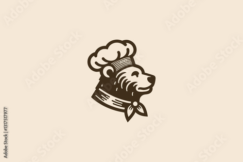 Bear chef logo, simple black vintage engraving style, vector icon