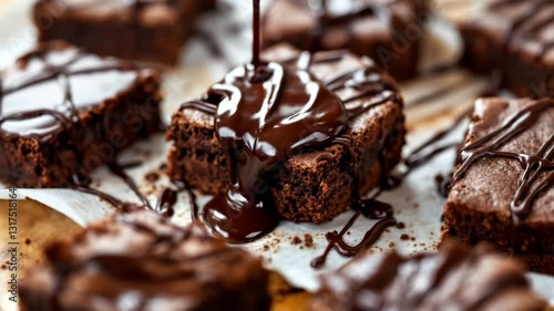 Chocolate Bliss: Decadent brownies with a river of glossy chocolate flowing over them, promising a rich and indulgent treat.