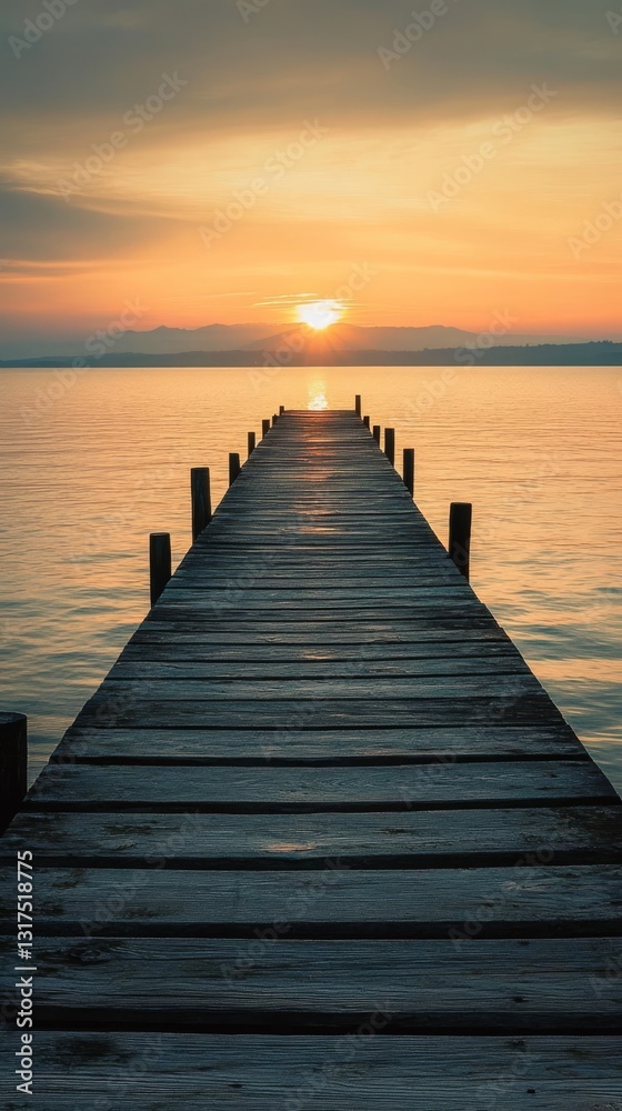 Serene wooden pier stretches into the horizon at sunset, inviting tranquility and reflection Serene wooden pier stretches into the horizon at sunset, inviting tranquility and reflection