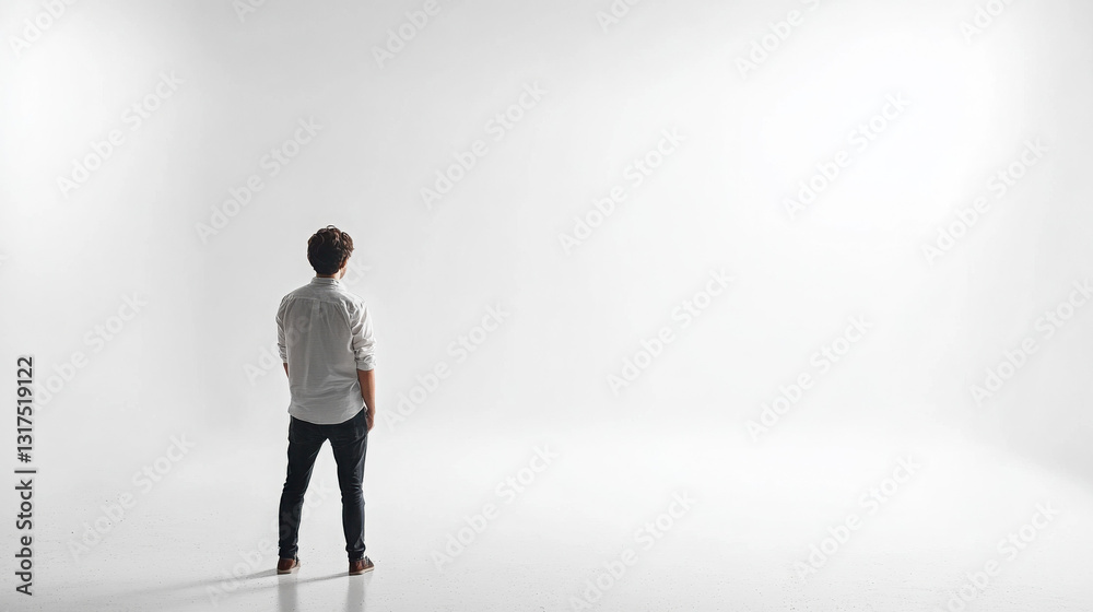 A man stands alone in a minimalist white space, creating a sense of contemplation and openness. A man stands alone in a minimalist white space, creating a sense of contemplation and openness.