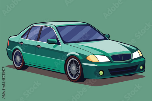 A striking green sedan car showcases unique customization with disproportionate features against a simple backdrop, Sedan car Customizable Disproportionate Illustration