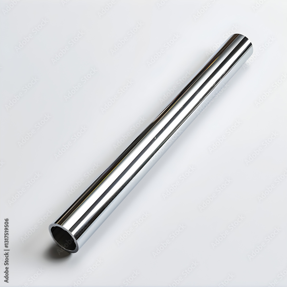 Sleek Polished Metallic Tube Against White Background Sleek Polished Metallic Tube Against White Background