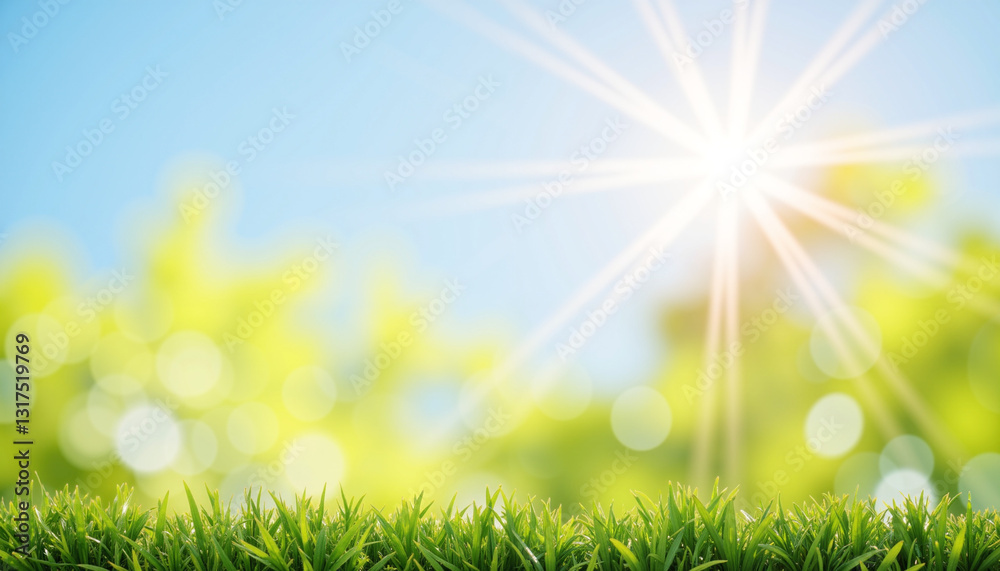 Fototapeta premium Spring nature background with sunlight shining over fresh green grass with copy space