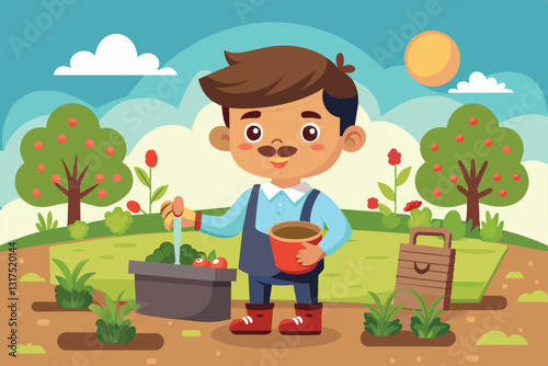 A young boy joyfully tends to his vegetable garden, holding soil and watering plants in bright surroundings, Seeding Customizable Cartoon Illustration