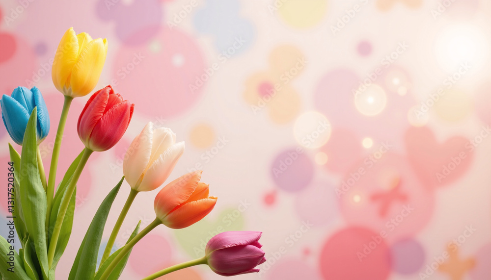 Obraz premium Spring tulip background with soft bokeh lights and copy space for design