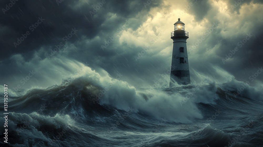 Lighthouse Standing Strong Against Furious Stormy Ocean Waves