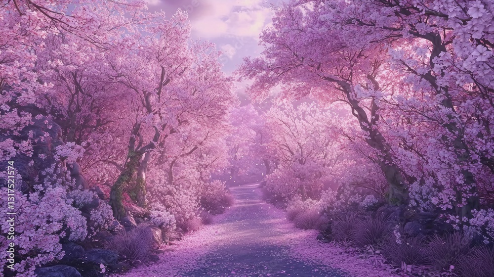 Serene Scene of Dense Cherry Blossom Trees in Pink Grove