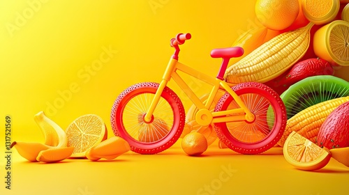 Yellow bike amidst colorful fruits, summer vibes, healthy lifestyle, kids