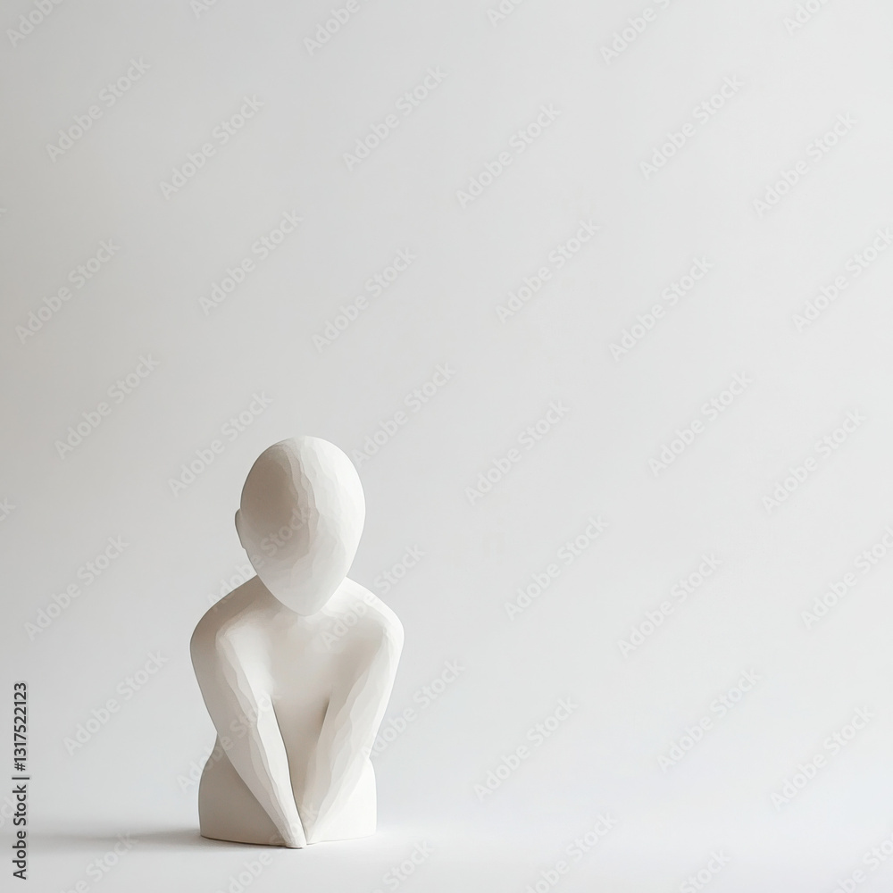 Minimalistic white sculpture of an abstract human form on a plain white background. Minimalistic white sculpture of an abstract human form on a plain white background.