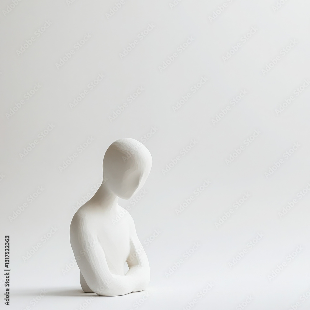 Minimalist white sculpture of a faceless human figure with folded arms, set against a plain background. Minimalist white sculpture of a faceless human figure with folded arms, set against a plain background.