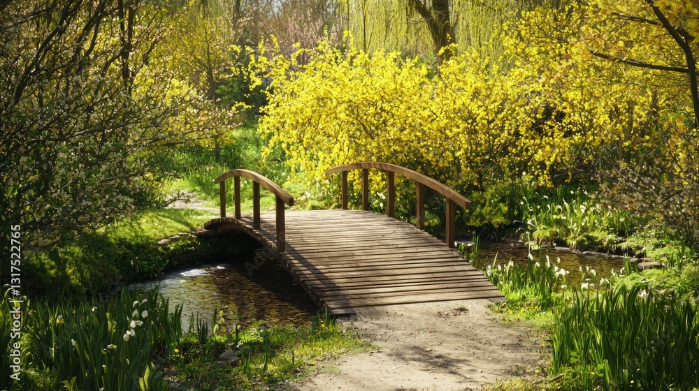 Tranquil Wooden Footbridge Over a Serene Stream in Nature Tranquil Wooden Footbridge Over a Serene Stream in Nature
