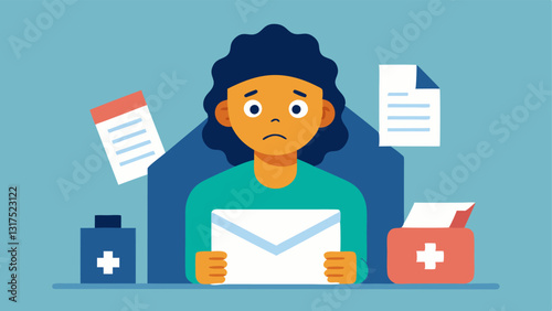 Single Parent Receiving Mail A single parent opens an envelope with a worried expression revealing a medical bill inside. The background shows tered bills on a table.