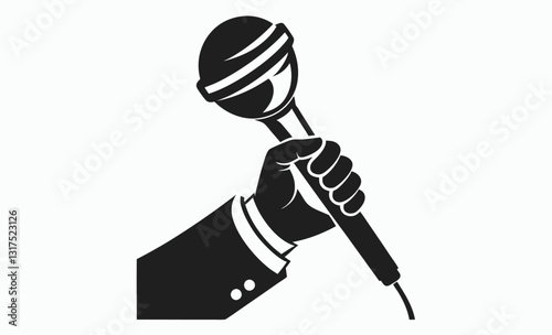 Hand holding microphone silhouette vector, a hand a microphone vector silhouette isolated white background 