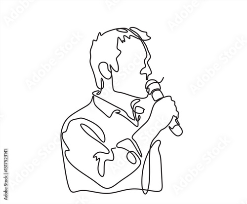 Continuous line drawing business presentation man trainer talking one single line drawn character politics speaker, business coach speaking before audience Political meeting speech.