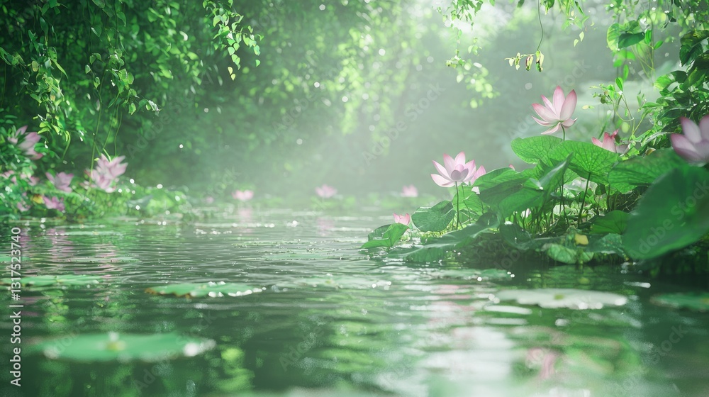 Serene Pond with Lush Greenery and Lotus Flowers in Tranquil Setting