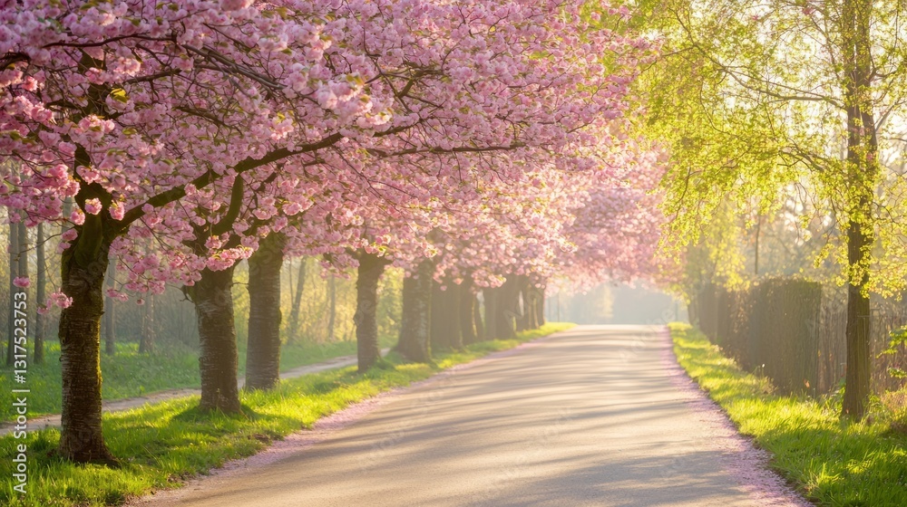 Serene Row of Cherry Blossom Trees Framing a Peaceful Pathway