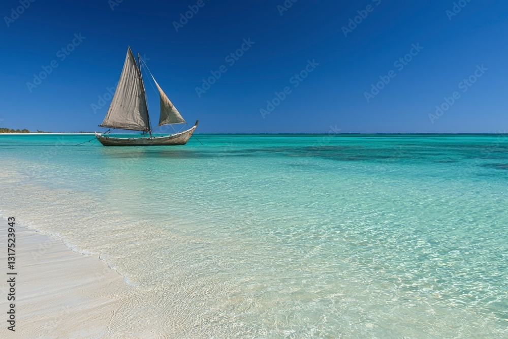 Fototapeta premium Traditional Sailboat Anchored in Tropical Paradise Waters