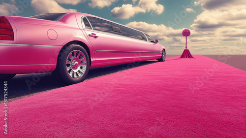 Limousine service topview vector illustration. Pink luxurious limousine with red carpet for celebtreties banner. Premium people transportation concept. Transport for bride and broom.