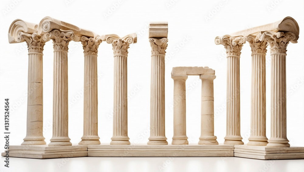 Isolated Greek Columns on a White Background Indicating Classical Architecture and Heritage Isolated Greek Columns on a White Background Indicating Classical Architecture and Heritage