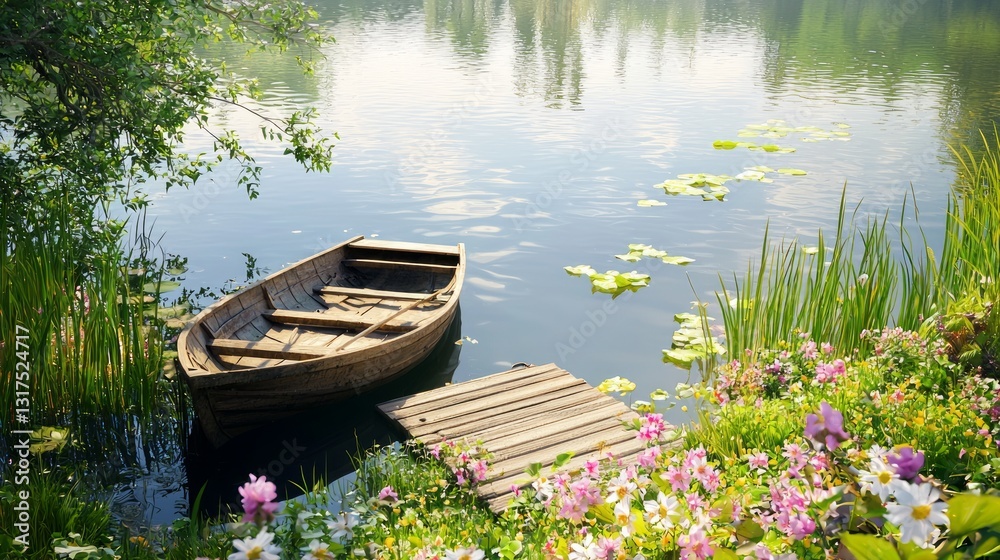Tranquil Scene with Simple Wooden Rowboat Tied to the Dock Tranquil Scene with Simple Wooden Rowboat Tied to the Dock