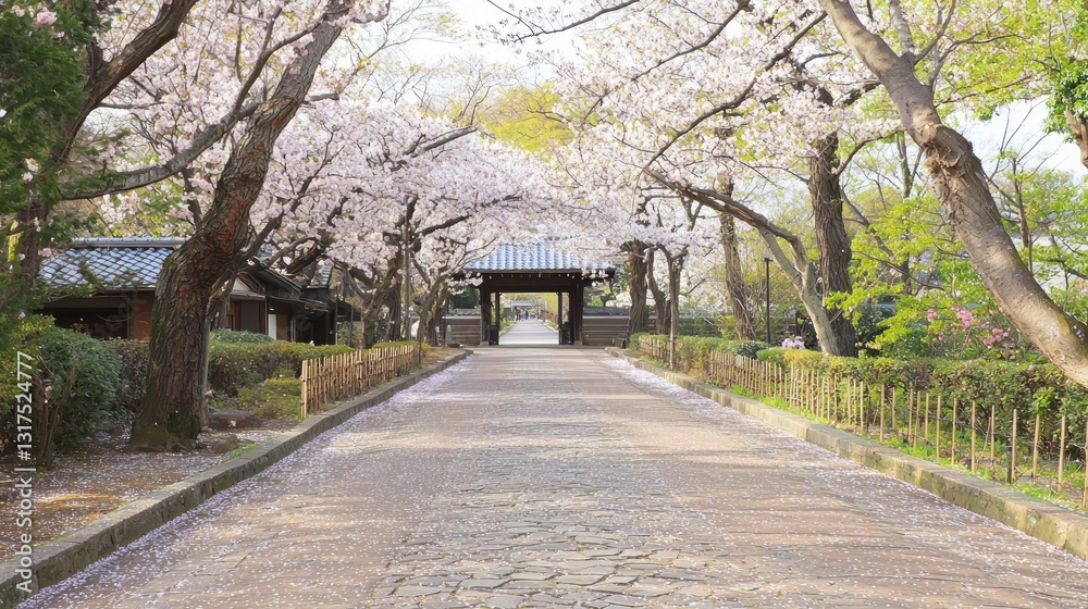 Serene Walkway Under a Petal-Laden Canopy of Blossoming Trees Serene Walkway Under a Petal-Laden Canopy of Blossoming Trees