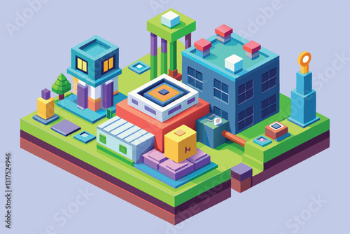 A vibrant isometric city features distinct customizable structures surrounded by lush greenery, Select Customizable Isometric Illustration