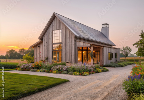 This modern farmhouse barn showcases an open concept design, surrounded by colorful flowers and lush greenery during sunset