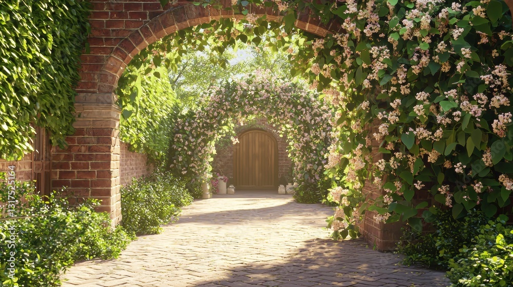 Towering arch adorned with blooming honeysuckle in garden path
