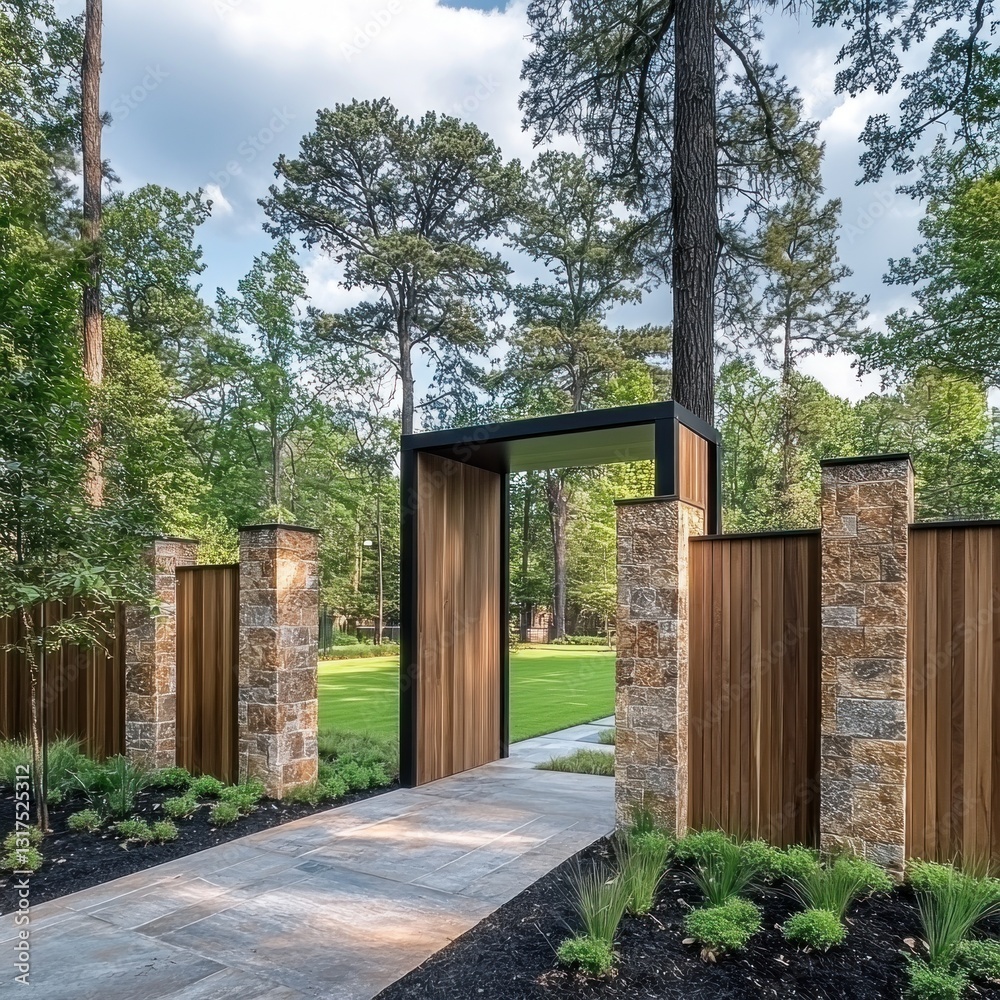 Elegant entry stone pillars, wooden gate, leads to a manicured lawn surrounded by lush trees Elegant entry stone pillars, wooden gate, leads to a manicured lawn surrounded by lush trees
