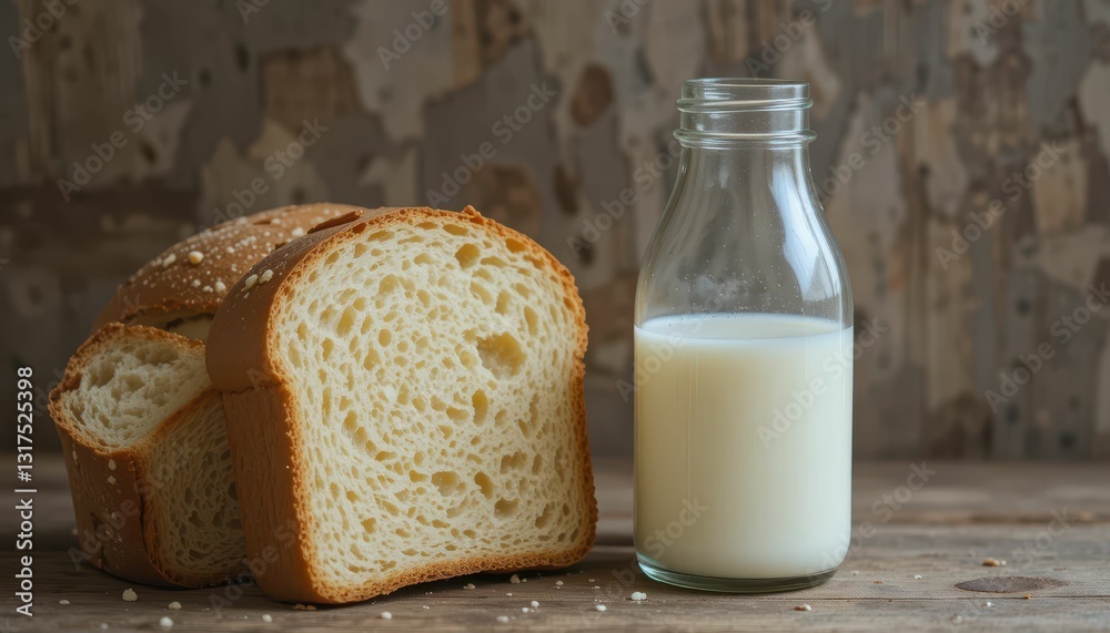 Freshly Sliced Bread and Glass Bottle of Milk on Wooden Surface Freshly Sliced Bread and Glass Bottle of Milk on Wooden Surface