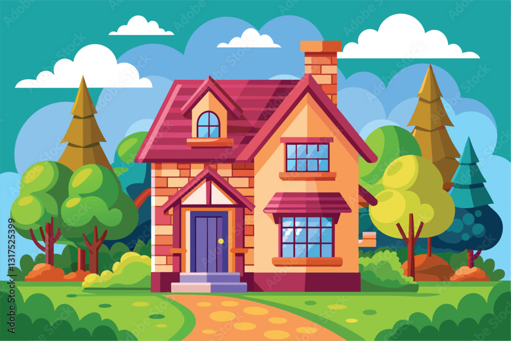 Naklejka premium A colorful cartoon-style house surrounded by lush greenery and tall trees against a bright sky, Select house Customizable Cartoon Illustration