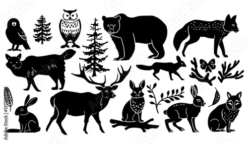 Linocut wildlife set, vector forest animal, vintage engraving collection, boho animal outline, bear, deer antlers, fox, owl stamp, grunge print, silhouette nature, mammal design