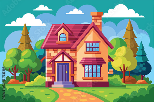 A colorful cartoon-style house surrounded by lush greenery and tall trees against a bright sky, Select house Customizable Cartoon Illustration