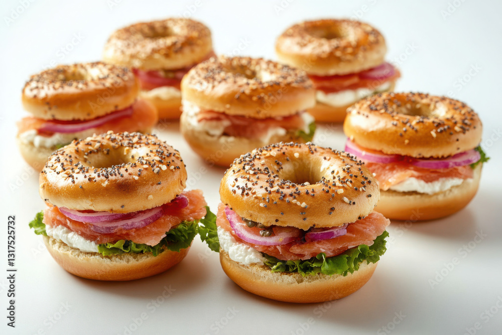 Array of freshly prepared bagels with cream cheese, smoked salmon, and vegetables, artfully arranged on a white background, capturing a delicious breakfast scene. Array of freshly prepared bagels with cream cheese, smoked salmon, and vegetables, artfully arranged on a white background, capturing a delicious breakfast scene.