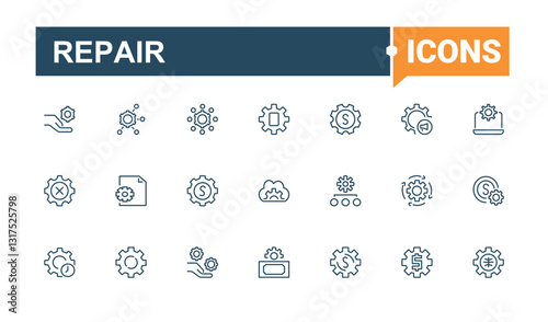 Repair line icons. Included tool, system, repairation, ui, recovery, configuration, update. Setting And Setup line symbol. Thin icon. Minimalistic linear icons.